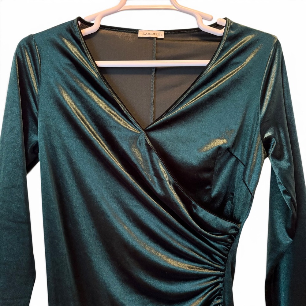 Zaberry Emerald Green Velvet Wrap‎ Ruched Long Sleeve Midi Dress Women's Large